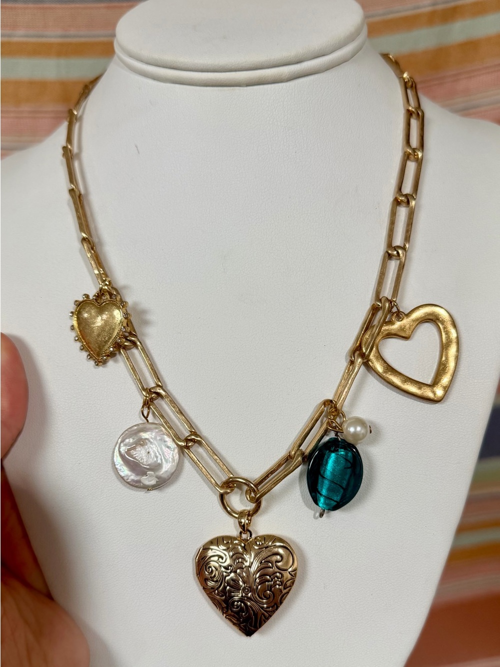 Gold Heart Locket Charm Necklace with Teal Glass & Pearl Accents- 20”